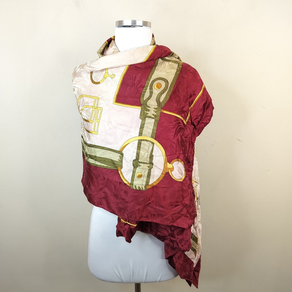Made in Italy Silk Equestrian Scarf Large 52x52 Belt Stirrup Burgundy Cream